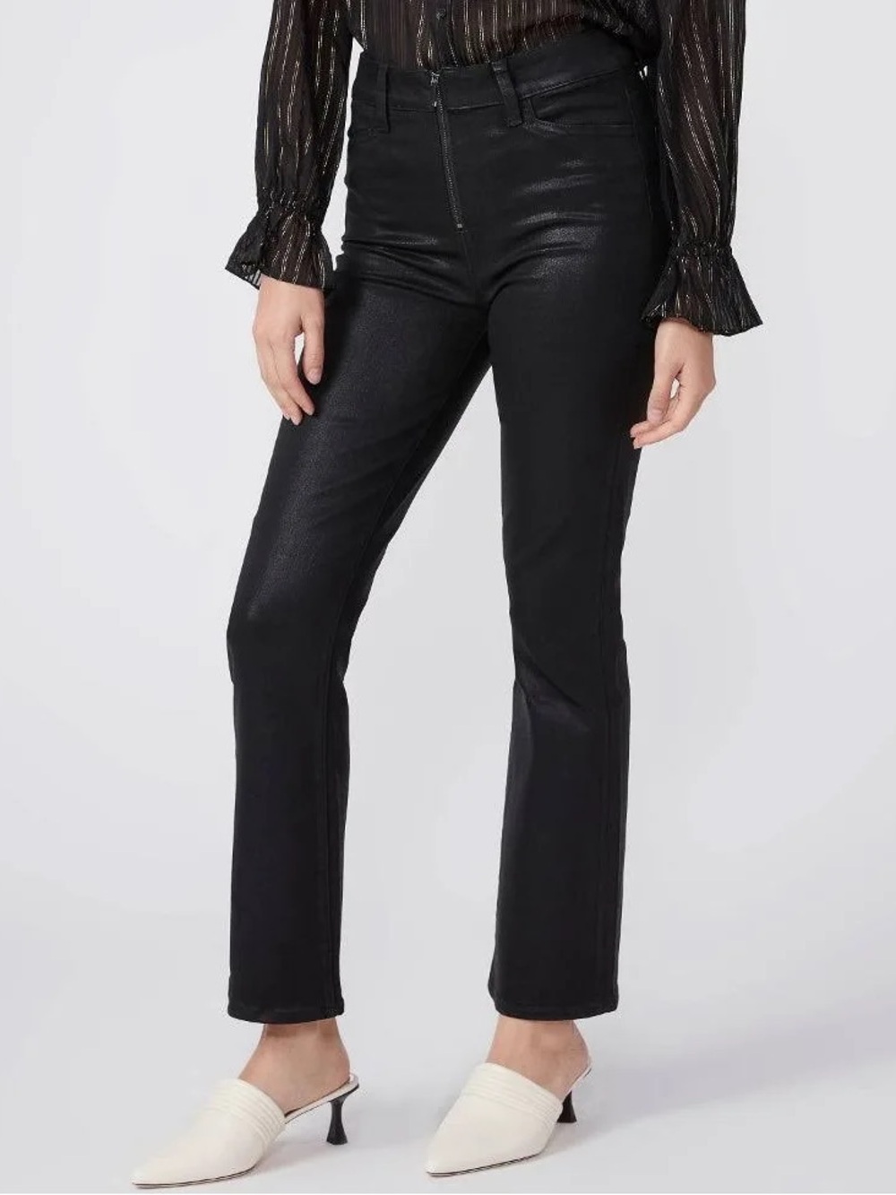 PAIGE Coated Claudine Ankle Flare Jeans Front Zip Black Size 27